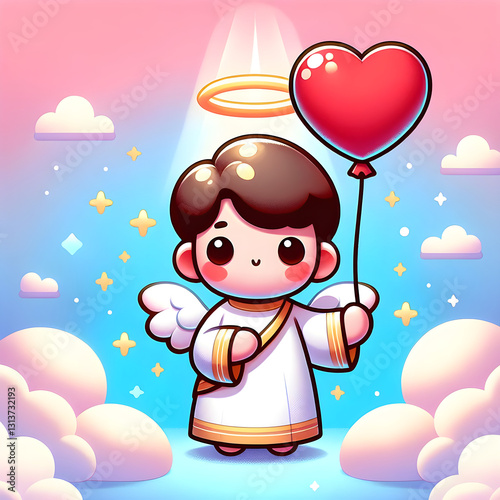 Cute Cartoon Jesus Holding a Heart-Shaped Balloon
