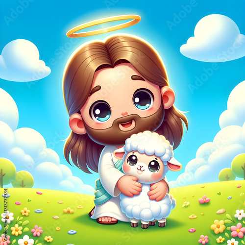 Cute Cartoon Jesus Hugging a Lamb in a Sunny Meadow
