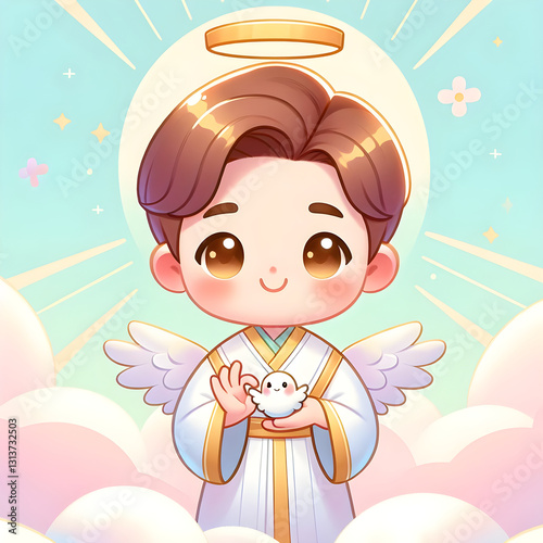 Cute Cartoon Jesus with a Peaceful Smile in a Pastel Background