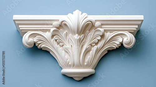 Cream Color Corbel with Acanthus Leaf Carvings on Soft Blue Wall Detail