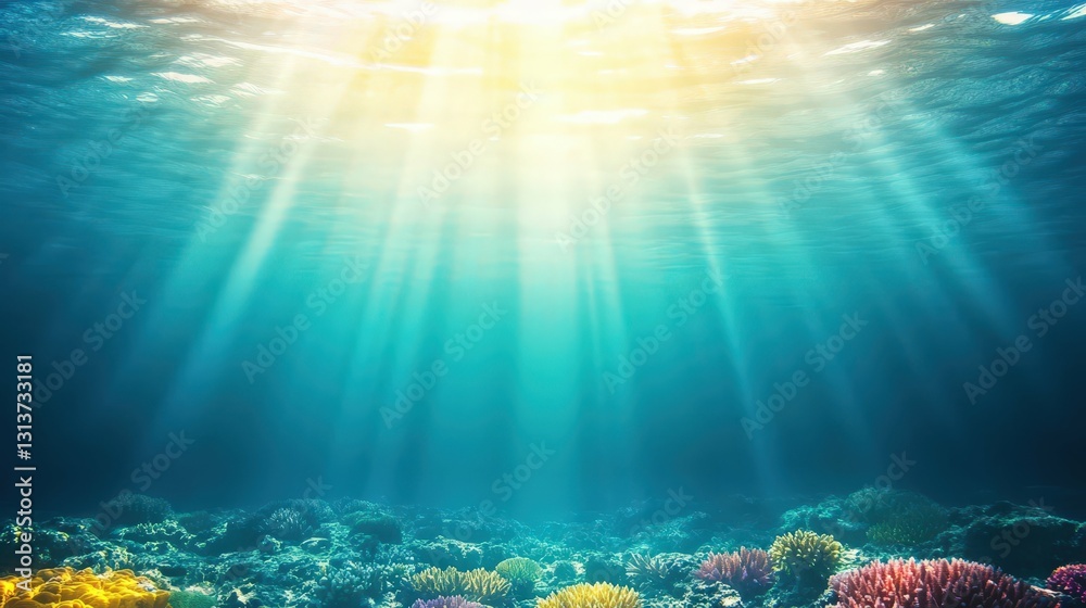 Naklejka premium crystal-clear ocean water with coral reefs visible, marine life, natural sunlight, exotic underwater scene,