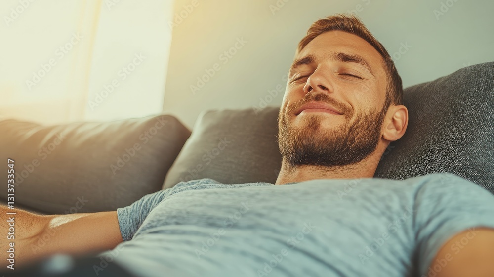 smiling man reclining on a modern sofa in a minimalist living room, neutral tones, soft natural light, relaxed and casual, smiling man reclining on a modern sofa in a minimalist living room, neutral tones, soft natural light, relaxed and casual,