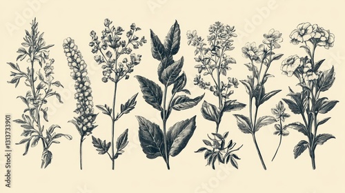 Ornate floral and herbal plant illustrations in classic vintage etching style.