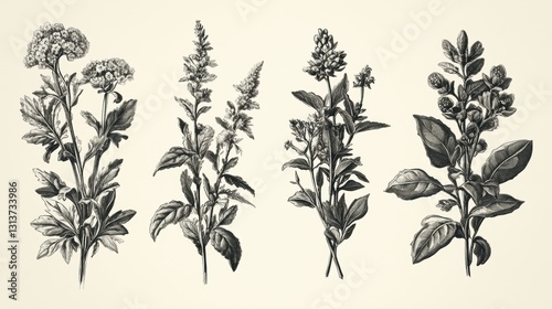 Ornate floral and herbal plant illustrations in classic vintage etching style.