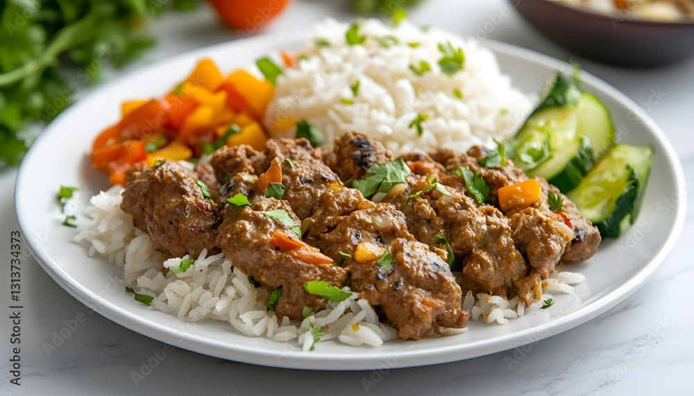 Savory Lamb Kofta Served with Rice and Vegetables Savory Lamb Kofta Served with Rice and Vegetables