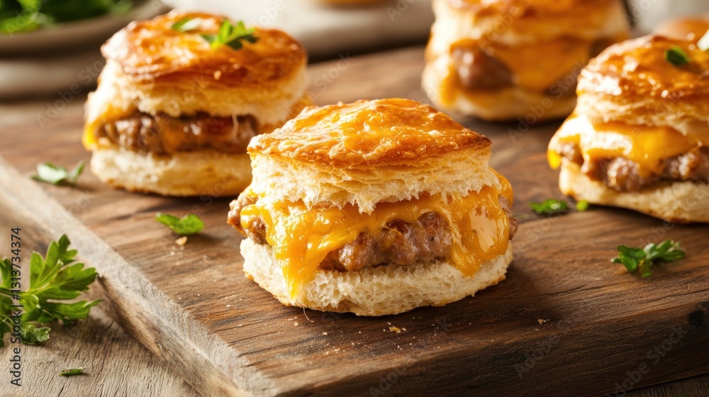 Gourmet Sausage Biscuits with Melting Cheddar Cheese on Wooden Cutting Board Delicious Southern Style Breakfast Gourmet Sausage Biscuits with Melting Cheddar Cheese on Wooden Cutting Board Delicious Southern Style Breakfast