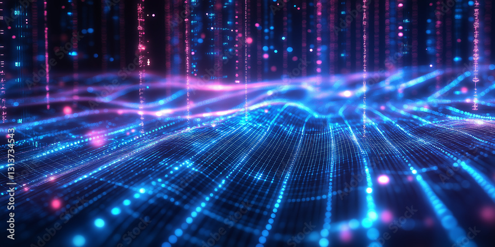 Abstract futuristic cyber grid with glowing blue and pink data streams, forming a high-tech digital network with depth and motion. Abstract futuristic cyber grid with glowing blue and pink data streams, forming a high-tech digital network with depth and motion.