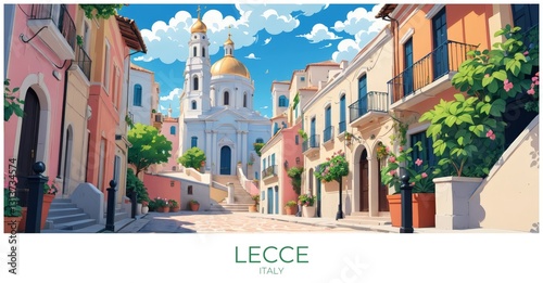 Lecce Italy Travel Poster Flat Illustration Print Decor Gift Canvas Wall Art