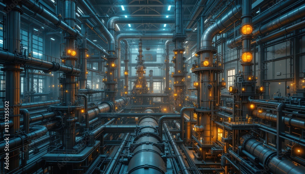 Fototapeta premium Intricate Industrial Pipeline System in Modern Factory at Night