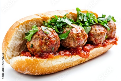 Delicious meatball sub featuring juicy meatballs in tomato sauce with fresh green garnish on bread