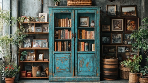 Teal bookcase  vintage photos  plants  industrial loft  home decor