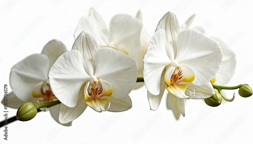Close-up of twig with elegant white orchid flowers and green buds on light background. Phalaenopsis orchid is symbol beauty, love and luxury. Perfect for spa, wedding and cosmetic design. Close-up of twig with elegant white orchid flowers and green buds on light background. Phalaenopsis orchid is symbol beauty, love and luxury. Perfect for spa, wedding and cosmetic design.