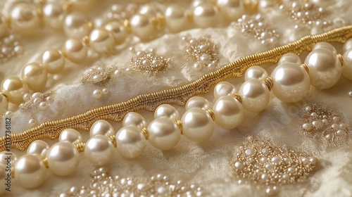 A stunning composition of a white cowrie latkan with pearls and golden string, traditionally used in Indian bridal and festive attire.