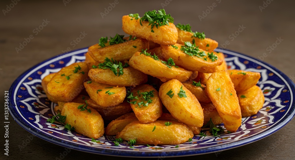 Delicious golden potato wedges seasoned with fresh parsley eat food dish meal side herb blue shot Delicious golden potato wedges seasoned with fresh parsley eat food dish meal side herb blue shot