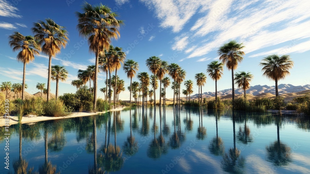 Serene Oasis with Tall Palm Trees Reflecting on Clear Water Under Blue Sky Serene Oasis with Tall Palm Trees Reflecting on Clear Water Under Blue Sky