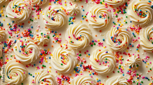 A confetti sheet cake with a thick layer of vanilla frosting, rainbow sprinkles, and piped buttercream rosettes, clean background