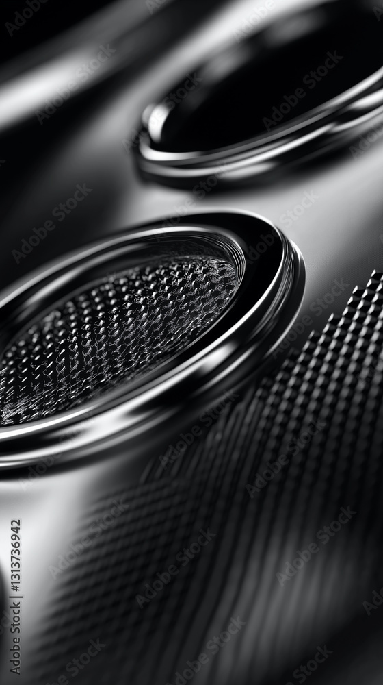 Close-up of a futuristic black and silver metallic grille with a perforated high-tech structure, forming an industrial sci-fi design. Close-up of a futuristic black and silver metallic grille with a perforated high-tech structure, forming an industrial sci-fi design.