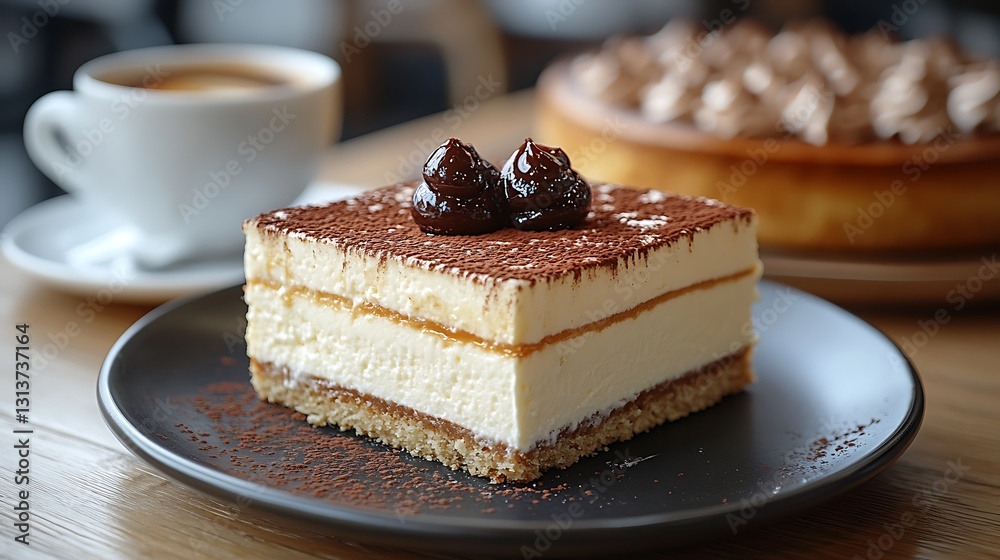 Latte art and cheesecake served in a trendy bakery cafe Latte art and cheesecake served in a trendy bakery cafe