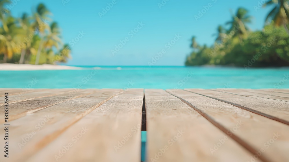Fototapeta premium wooden boardwalk leading to a tropical beach, clear turquoise water and palm trees in the background, bright natural light,