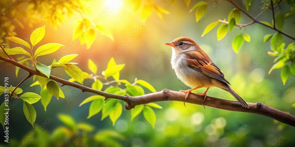Φωτογραφία A small bird perched on a branch, bathed in the warm glow of sunrise, amidst vibrant green foliage