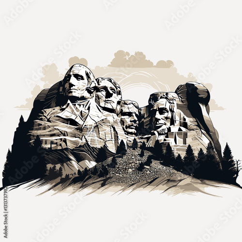 Mount Rushmore. Mount Rushmore hand-drawn comic illustration. Vector doodle style cartoon illustration