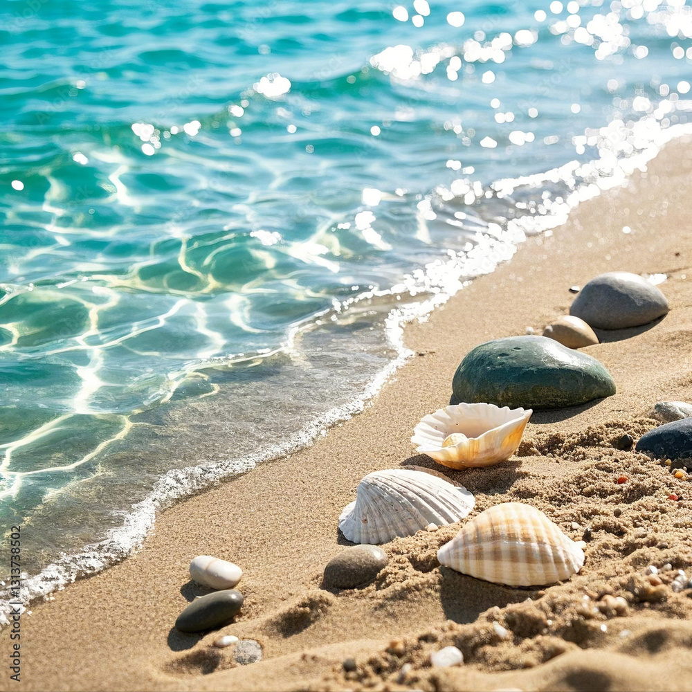 Seashells on Sandy Beach with Ocean Waves in the Background Seashells on Sandy Beach with Ocean Waves in the Background