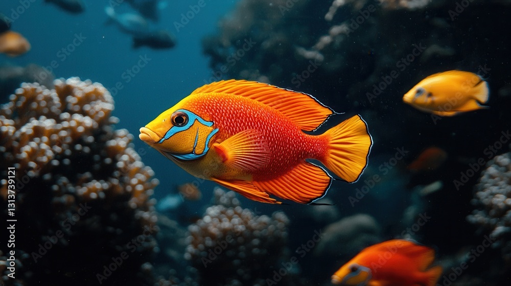 Vibrant Orange Fish Swimming Among Coral Reefs in Clear Underwater Scene Vibrant Orange Fish Swimming Among Coral Reefs in Clear Underwater Scene