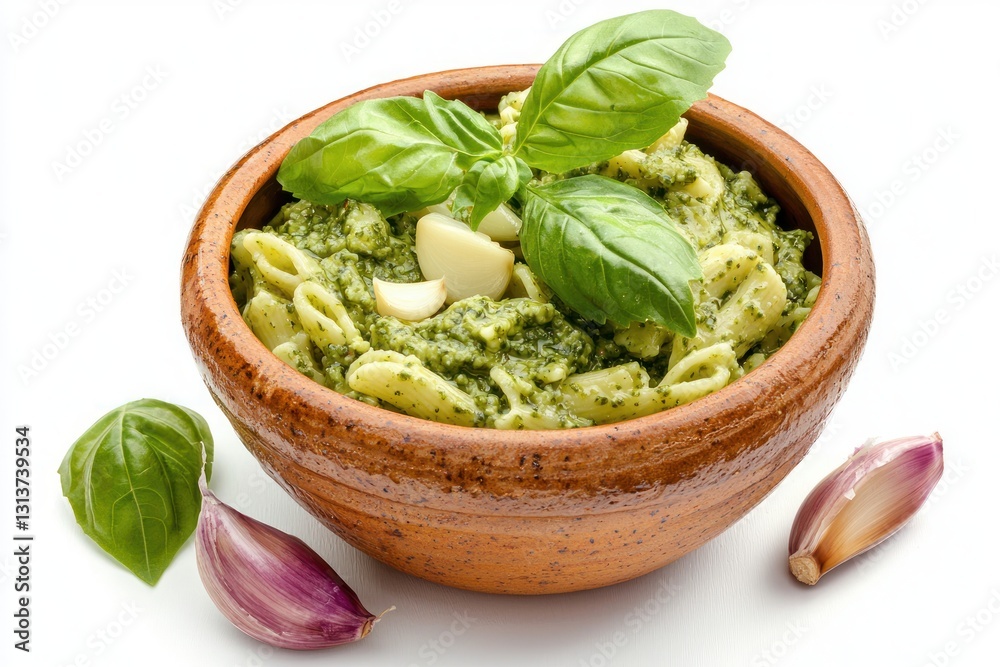 Delightful pasta with fresh pesto and vibrant basil in rustic bowl a savory culinary delight angle eyelevel Delightful pasta with fresh pesto and vibrant basil in rustic bowl a savory culinary delight angle eyelevel