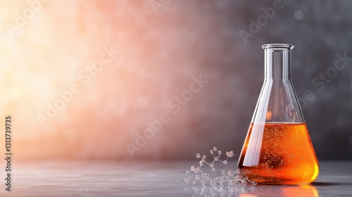 A clear laboratory flask filled with a bubbling orange liquid, set against a muted background, showcasing themes of science and experimentation in a visually appealing manner.