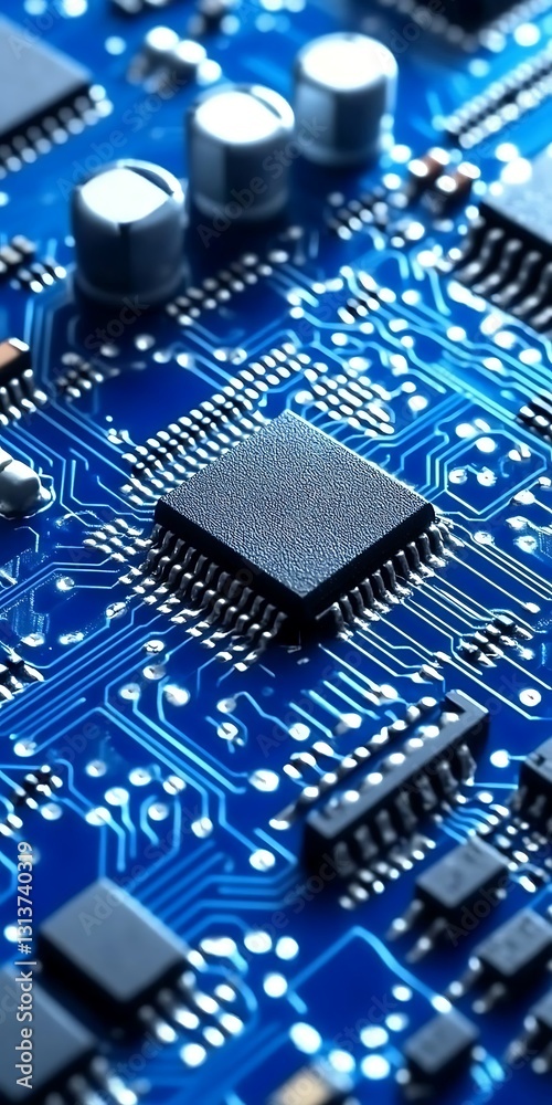 Detailed electronic circuit board featuring microchips and components Detailed electronic circuit board featuring microchips and components