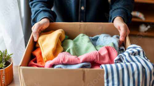 Clothes Donation, Renewable Concept.Box of Use Old Cloth. Preparing Garment at Home before Donate