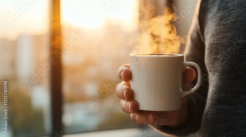 Steam rises from a white coffee mug held by a person, with a stunning sunset view creating a cozy and tranquil atmosphere for a perfect morning moment.