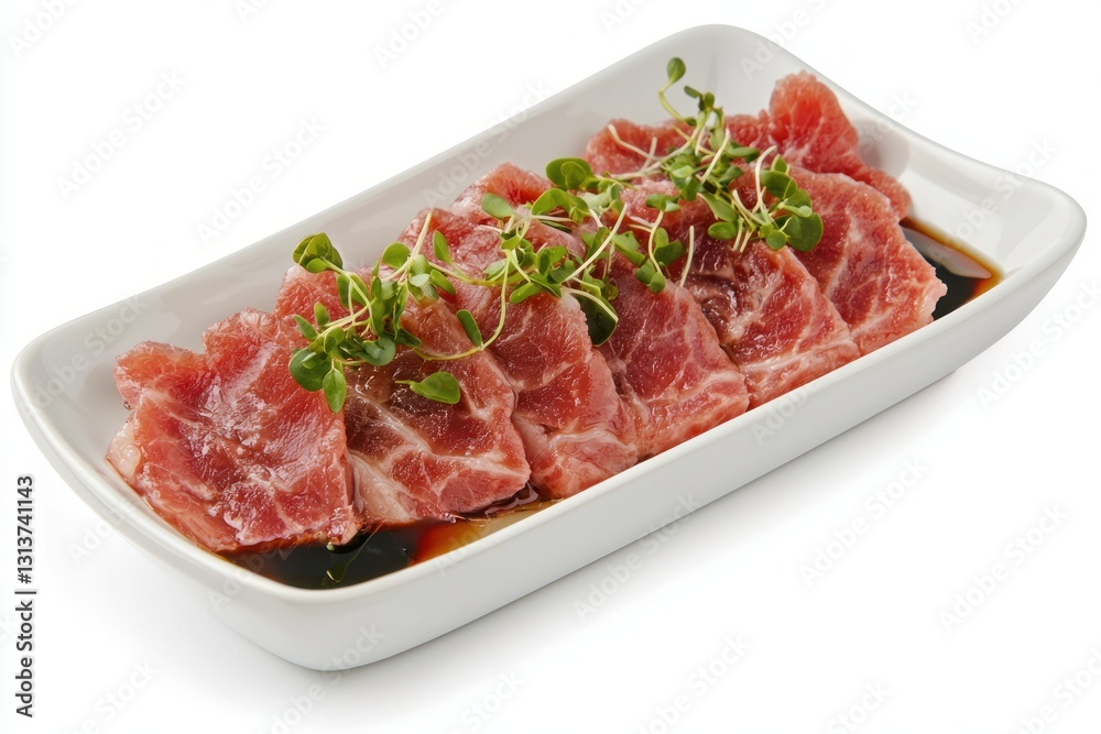 Delicate tuna sashimi arranged on a platter with soy sauce and sprouts in a studio setting Delicate tuna sashimi arranged on a platter with soy sauce and sprouts in a studio setting