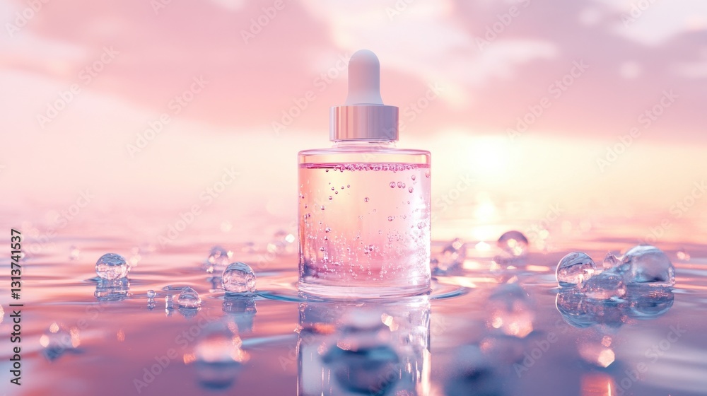A skincare concept featuring a minimalist bottle of hyaluronic acid serum, surrounded by fresh water droplets and light reflections. A skincare concept featuring a minimalist bottle of hyaluronic acid serum, surrounded by fresh water droplets and light reflections.