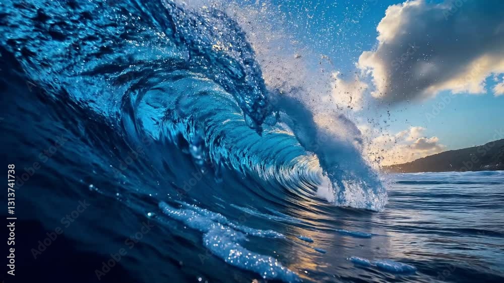 A deep sapphire blue ocean wave crashing in slow motion