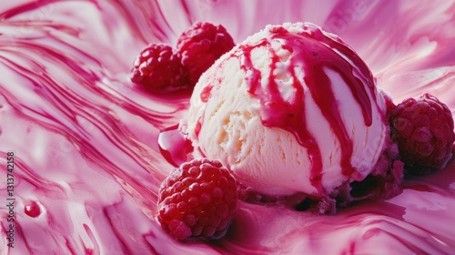 raspberry sauce ice cream with fresh raspberries photo