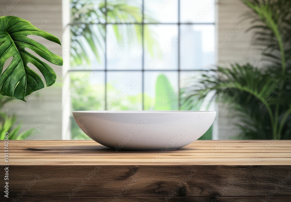 White Round Bowl on Wooden Table Surrounded by Lush Greenery and Natural Light in Modern Interior Space White Round Bowl on Wooden Table Surrounded by Lush Greenery and Natural Light in Modern Interior Space