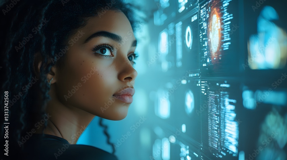 A cybersecurity analyst monitoring a computer system, with space for a logo A cybersecurity analyst monitoring a computer system, with space for a logo