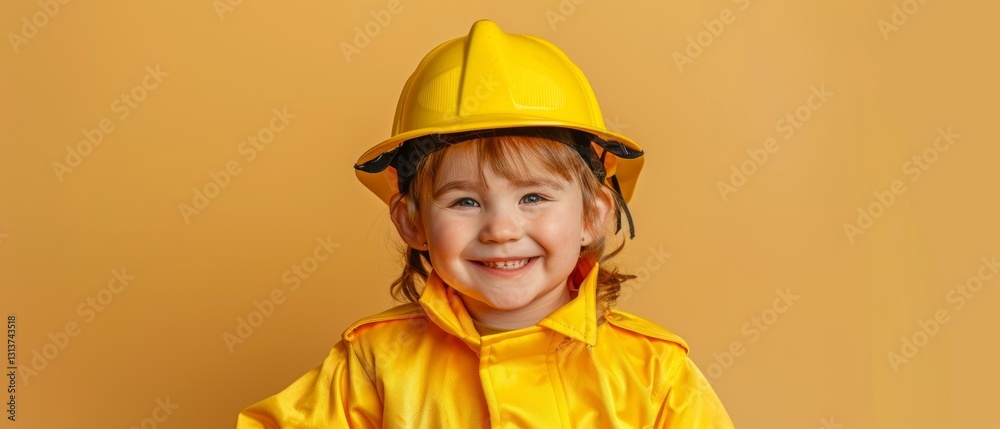A toddler's cheerful face shines through in a firefighter's uniform, helmet secured and ready for action. A toddler's cheerful face shines through in a firefighter's uniform, helmet secured and ready for action.
