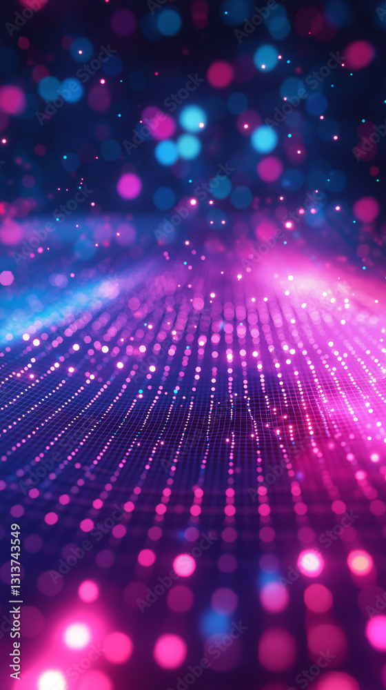 Digital landscape with a pixelated glowing grid extending into the distance, illuminated by neon purple and blue cyberpunk lights. Digital landscape with a pixelated glowing grid extending into the distance, illuminated by neon purple and blue cyberpunk lights.
