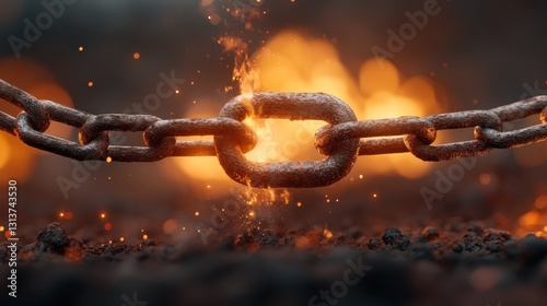 A mesmerizing image of chains glowing with energy as they break under intense heat, representing themes of liberation and strength against a fiery backdrop. photo