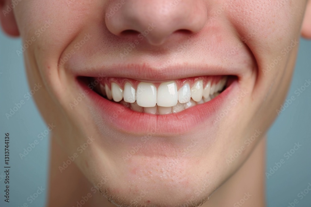 Close-up of a bright smiling European young man showing off healthy white teeth