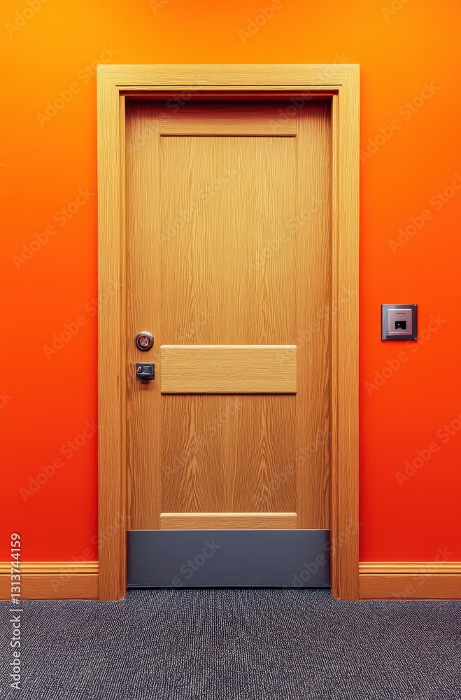 Wooden interior door with modern handle against vibrant orange wall, creating a striking contrast in contemporary interior design environment Wooden interior door with modern handle against vibrant orange wall, creating a striking contrast in contemporary interior design environment