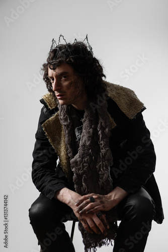 A self-made king on the ruins of the world, a creative concept in the style of Shakespeare. Hamlet in modern grunge or post-apocalyptic reinterpretation, tragic Shakespearean hero in a crown of wire