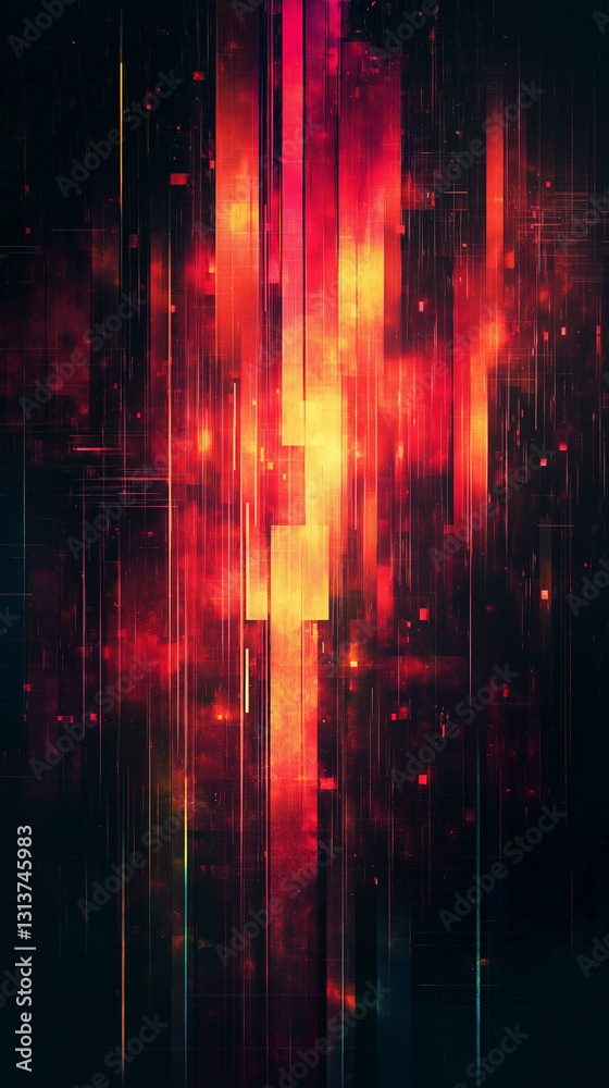 A vertical neon-lit digital grid with glowing pixelated structures, evoking a futuristic cyberpunk ambiance with deep reds, blues, and oranges. A vertical neon-lit digital grid with glowing pixelated structures, evoking a futuristic cyberpunk ambiance with deep reds, blues, and oranges.