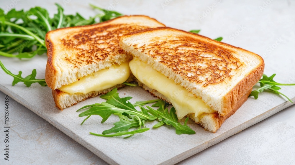 Two Grilled Cheese Sandwiches with Melted Cheese on a Cutting Board with Arugula Leaves Fresh Two Grilled Cheese Sandwiches with Melted Cheese on a Cutting Board with Arugula Leaves Fresh