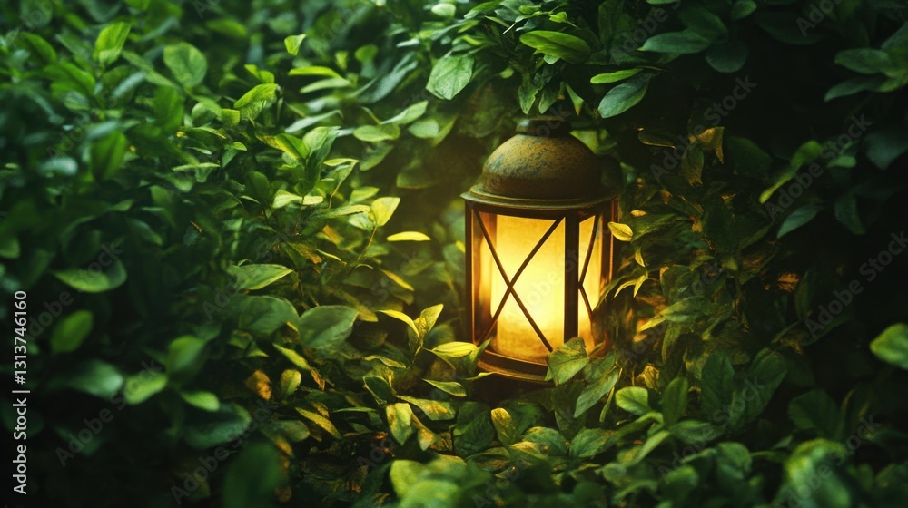 Εκτύπωση καμβά A warm glowing lantern nestled among lush green foliage, casting soft light that illuminates the serene garden atmosphere