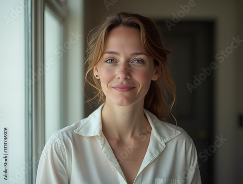 Smiling Young Woman in White Shirt     Natural and Confident Portrait with Soft Lighting