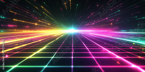 A neon-lit digital highway stretching into infinity  featuring a retro-futuristic synthwave aesthetic with vibrant rainbow-colored grid lines.
