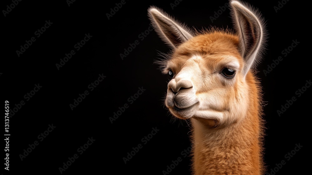 Obraz premium A charming llama gazes softly at the viewer against a black background, showcasing its gentle and expressive nature, ideal for animal-themed photography collections.